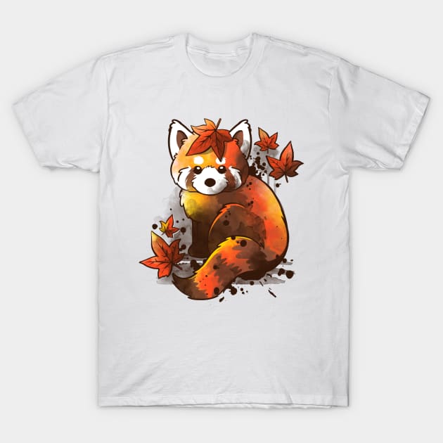 Red panda red leaves T-Shirt by NemiMakeit